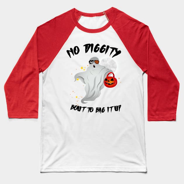 No Diggity Bout To Bag It Up Cute Ghost Halloween Kids Candy Baseball T-Shirt by DesignHND